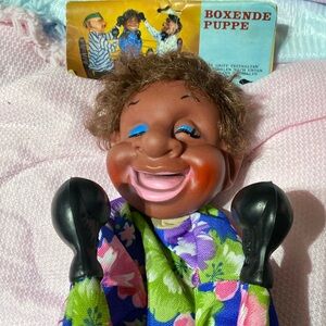 Vintage new with package boxing puppet, funny dazed character